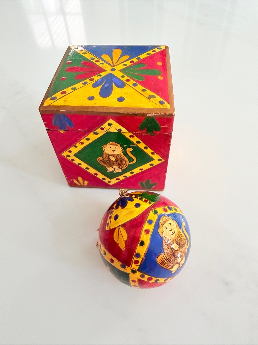 Vintage Foreside Hand Painted Wooden Monkey Trinket Box Matching Ornament Set